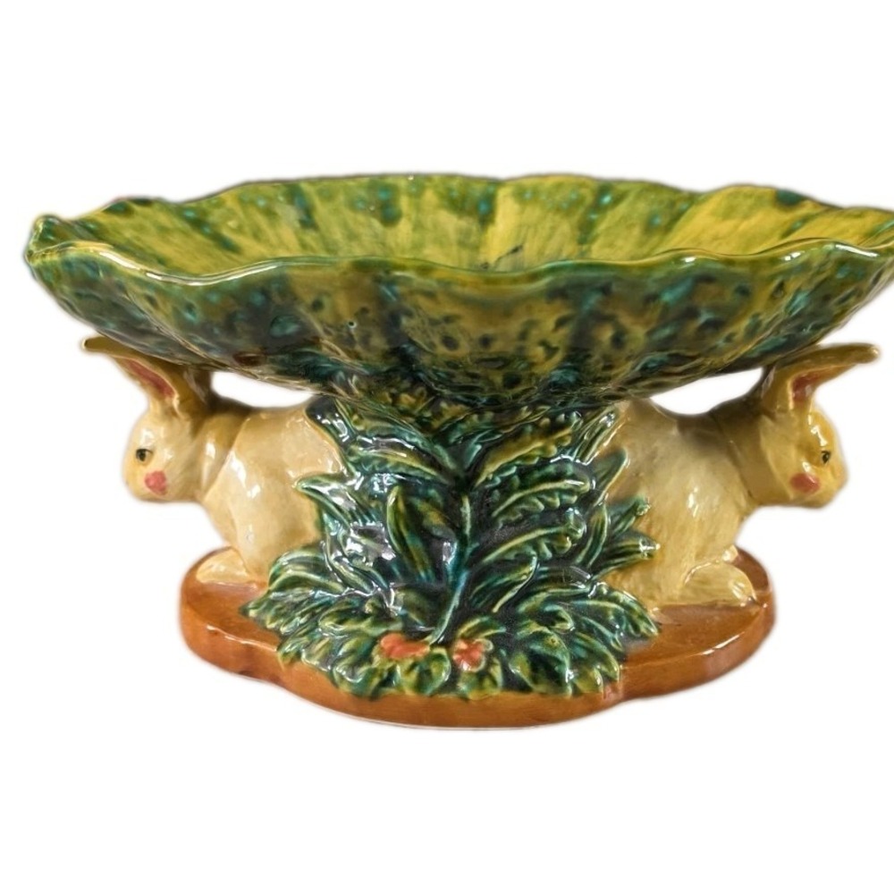 VTG Ceramic Majolica Bunny Green Cabbage Leaf Centerpiece Pedestal‎ Cottagecore